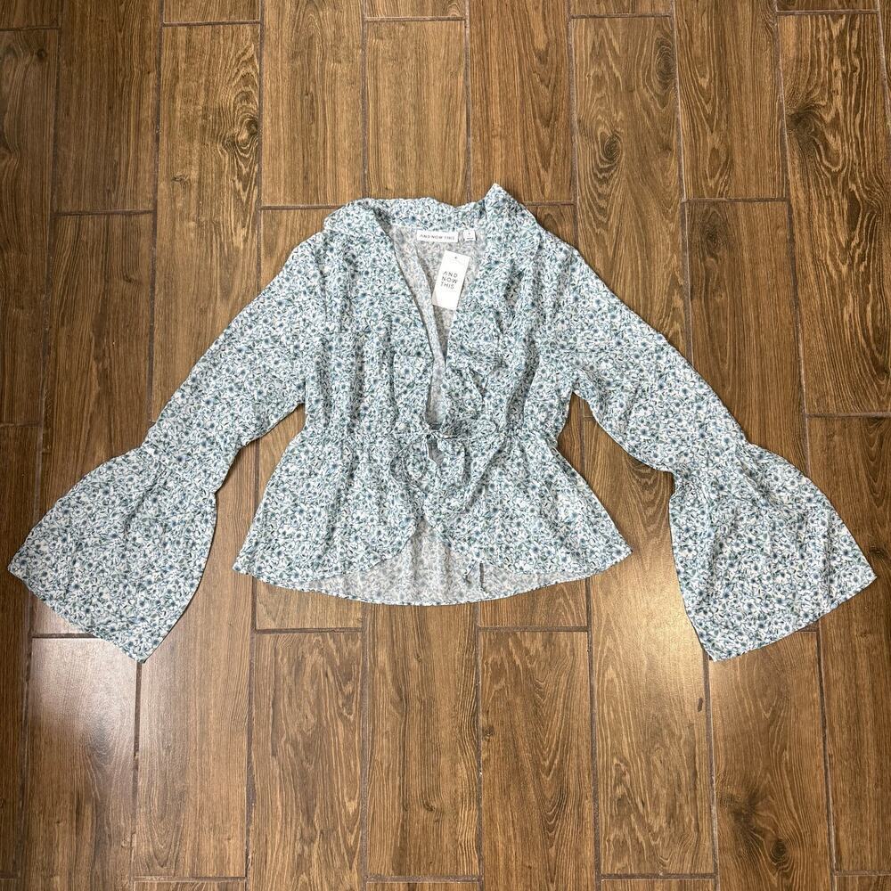 Women's Floral Print Ruffle Topper Tie-Waist Bell-Sleeve Top, Blue, S